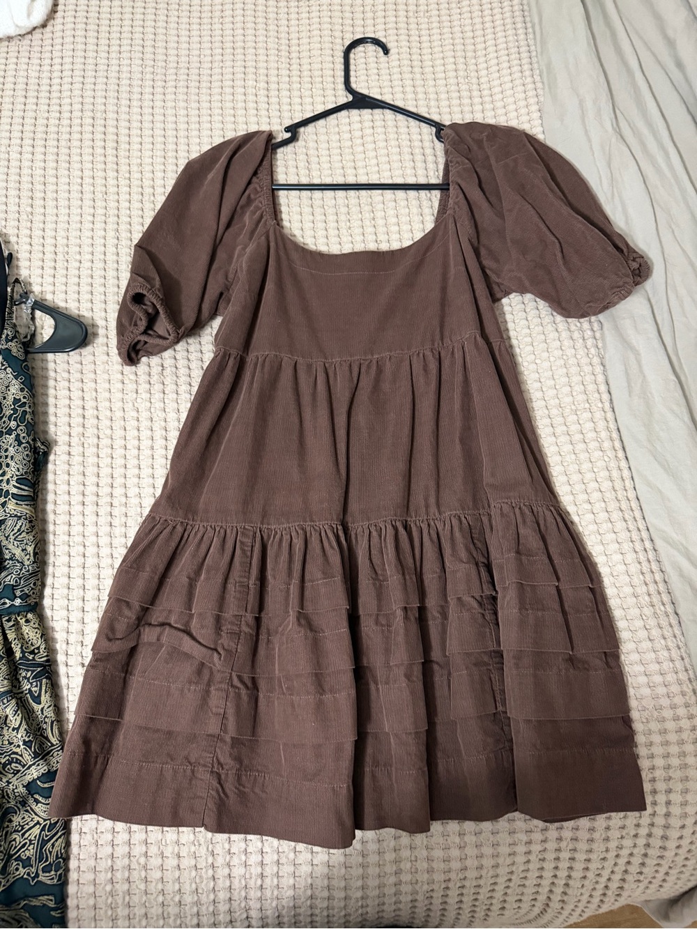 American Eagle Outfitters Brown Puff-Sleeve Tiered Mini Dress